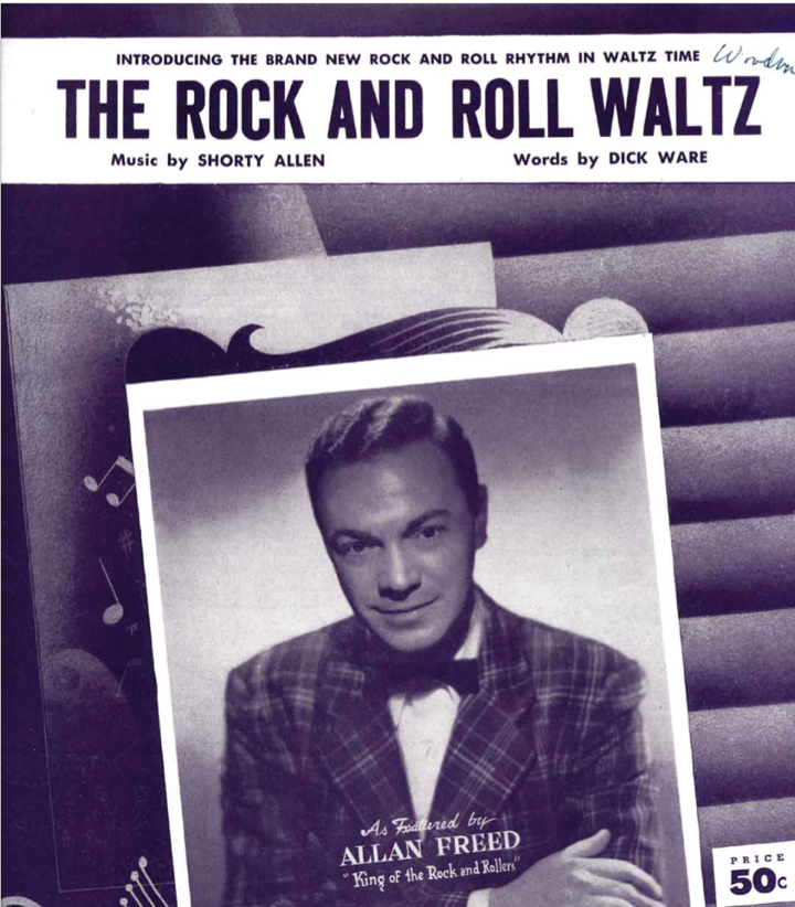 Cover of sheet music titled "Rock and Roll Waltz" with a photo of Alan Freed